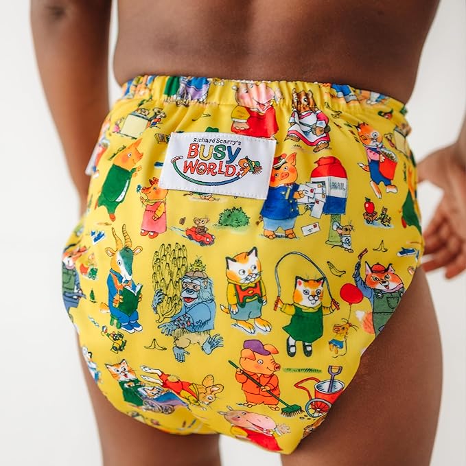 Kinder Cloth Diapers Reusable Baby Diapers Pocket Style Athletic Wicking Jersey, Bamboo Viscose Inserts, Wet Bag, Newborn to Potty Training 7-60lbs, One Size (Richard Scarry, 5 Pack, with Inserts)
