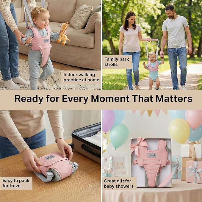 Watolt Baby Walking Helper Harness - Help Toddlers Learn to Walk Stand Up with Adjustable Handheld Walker - Learning Assistance Safety Belt Harness Support for Babies 6 to 24 Months (Pink)