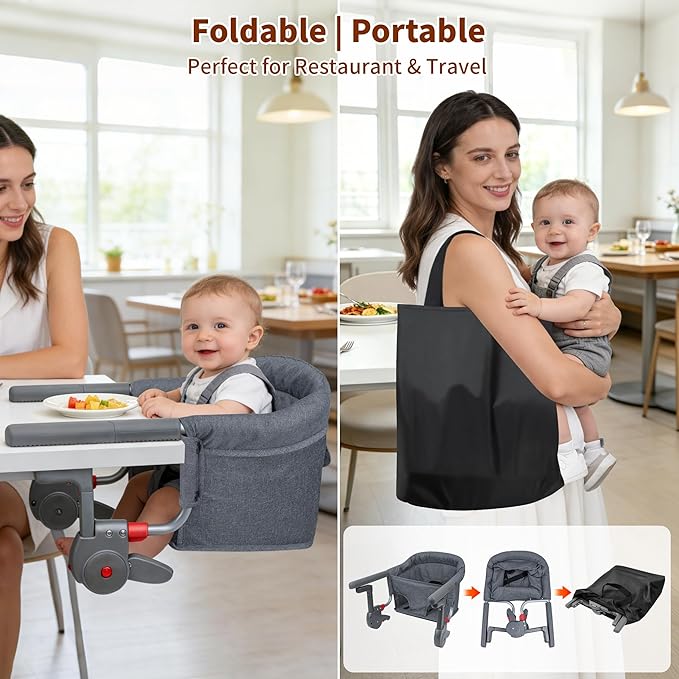 Premium Hook On High Chair, One-Pull Quick Install No Twisting, Heavy Duty Steel Frame, Safe Materials Clip on Table Chair, Portable Baby Feeding Chair with Storage Bag for Travel Home
