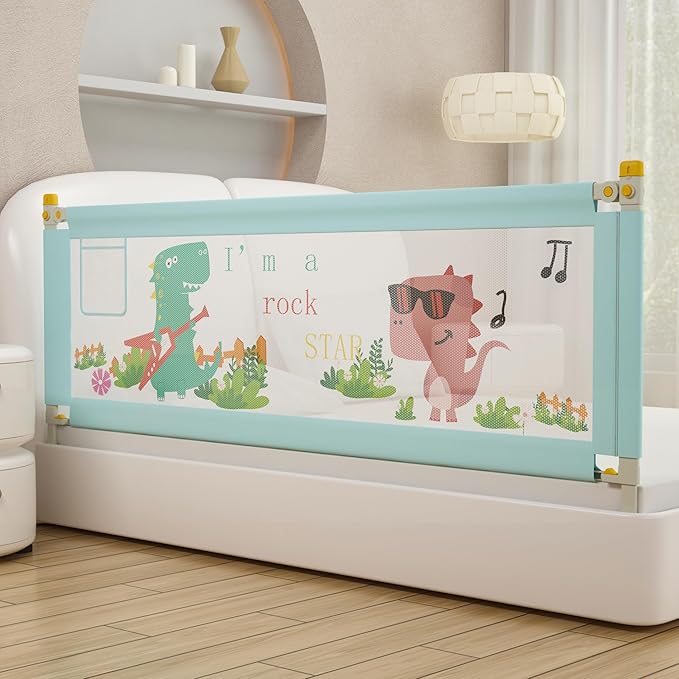 Bed Rail for Toddlers Twin, Full, Queen, King & Cal kingMattress Size | Swing Down Rail Guard | Mattress Side Rail for Kids (Blue Dinosaur, (1 Side) 47Inch)