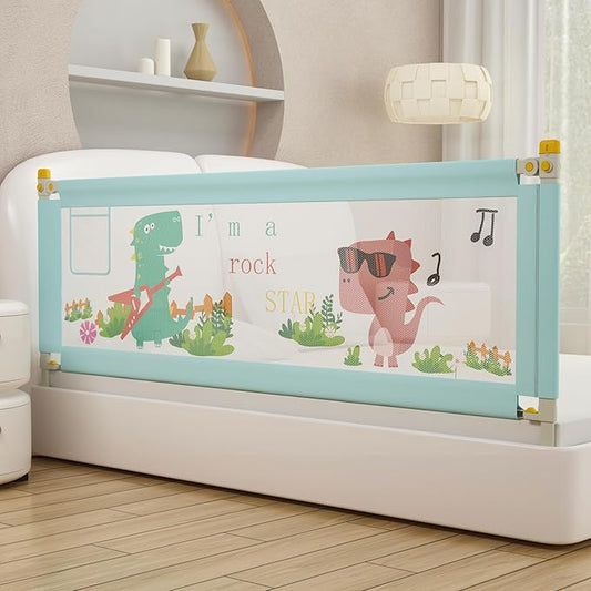 Bed Rail for Toddlers Twin, Full, Queen, King & Cal kingMattress Size | Swing Down Rail Guard | Mattress Side Rail for Kids (Blue Dinosaur, (1 Side) 43 Inch)