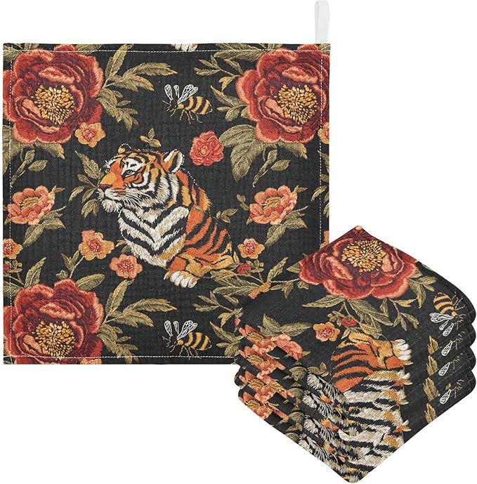vvfelixl Tiger Bee Flower Baby Burp Cloths Baby Muslin Washcloths for Boys Girls Cotton Babys Face Towel for Newborn Infants Soft and Absorbent 11.8 X 11.8 in, 5 Pack
