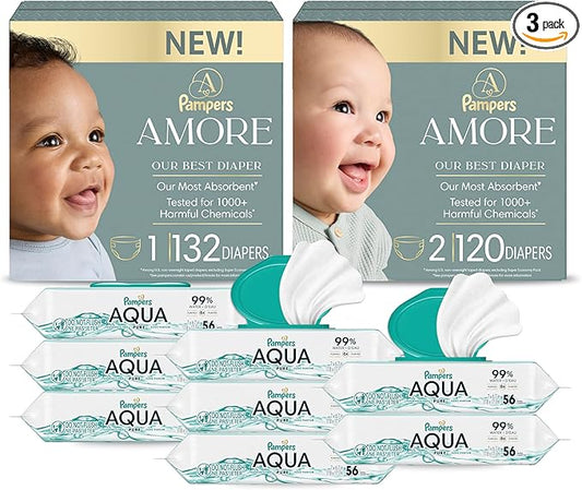 Pampers Amore Premium Baby Diapers Starter Kit, Sizes 1 (132 Count) & 2 (120 Count) with Aqua Pure Baby Wipes, 8X Pop-Top Packs (448 Count)