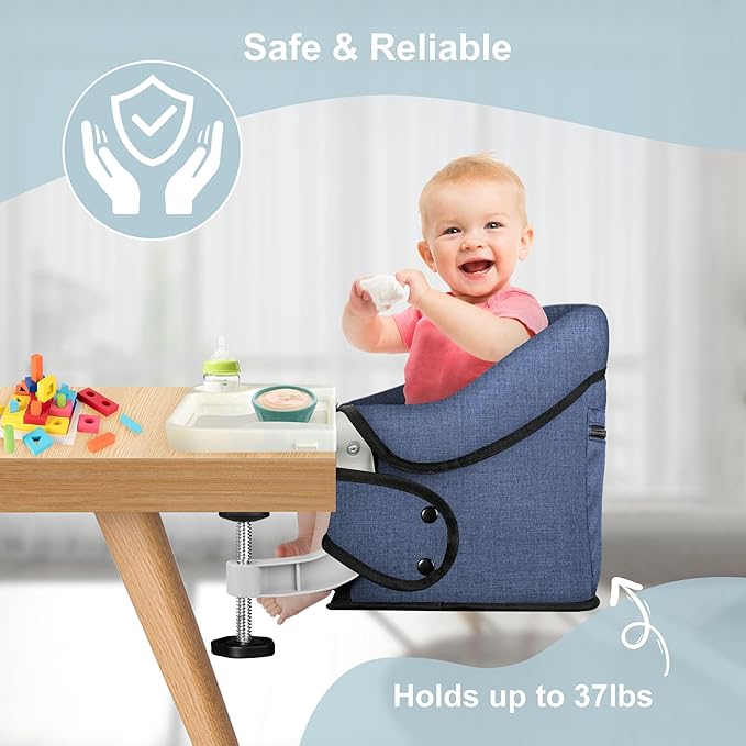 Hook On High Chair with Detachable Tray, Portable Foldable Clip On Baby Travel High Chair, Lightweight Feeding Seat with Storage Bag, BPA-Free Safety Harness for Home Restaurant (Navy)