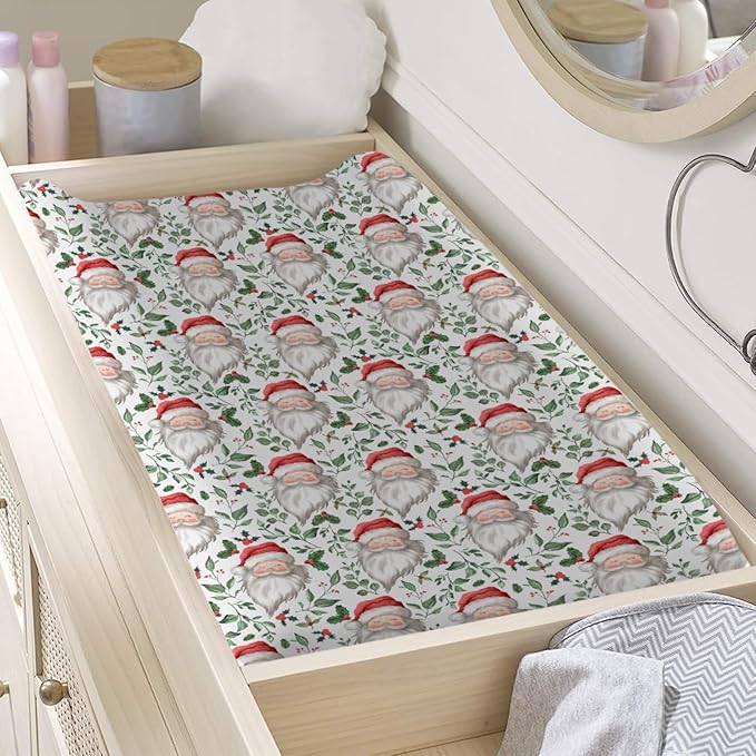 Funny Santa Claus Changing Pad Covers Christmas Cherry Fir Leaves Diaper Changing Table Sheets Cover for Baby Boys Girls Winter Soft Breathable Stretchy Baby Changing Pad Mats 32''x16''