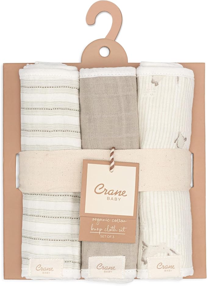 Crane Baby 100% Organic Cotton 3-pc. Burp Cloth Set - GOTS Certified Cotton, Absorbent & Lightweight with Bunny & Stripe Designs, Machine Washable, Muslin Burp Cloth