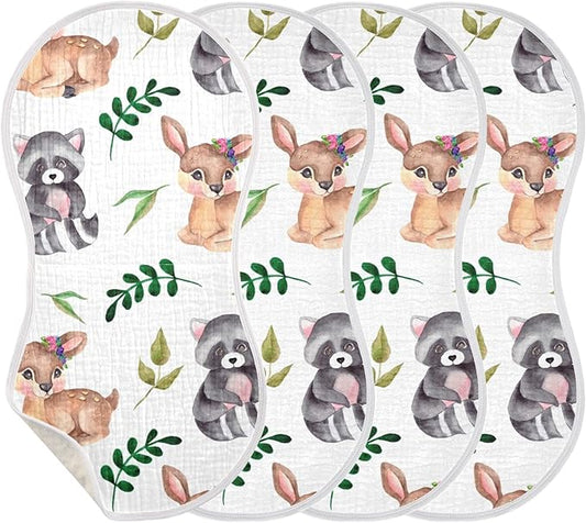 Raccoons Deer Forest Flower Leaf Muslin Burp Cloths for Baby 4 Pack 100% Cotton Baby Washcloths Bibs for Boy Girl