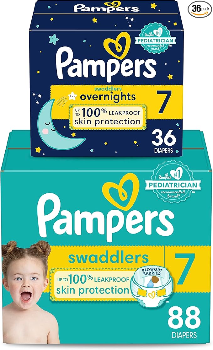 Pampers Disposable Diapers Size 7, Swaddlers 88 Count + Overnight (36 Count)