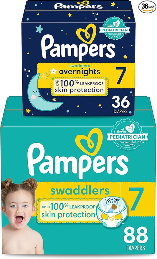 Pampers Disposable Diapers Size 7, Swaddlers 88 Count + Overnight (36 Count)