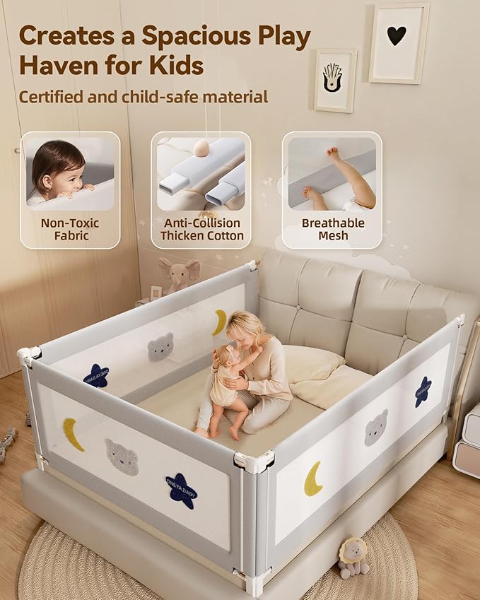 Baby Bed Rail Guard for Toddlers, Reinforced 54in Toddler Bed Rails for Full Bed with Height Adjustable, Extral Tall Child Safety Side Railing Guards/Bedrail for Kids, Grey Star, 1 Side 54" Lx28 H