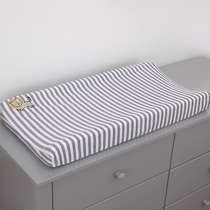 Little Love by NoJo Roarsome Lion - Grey, White Stripe Plush Changing Pad Cover with Yellow Lion Applique, Grey, White, Yellow