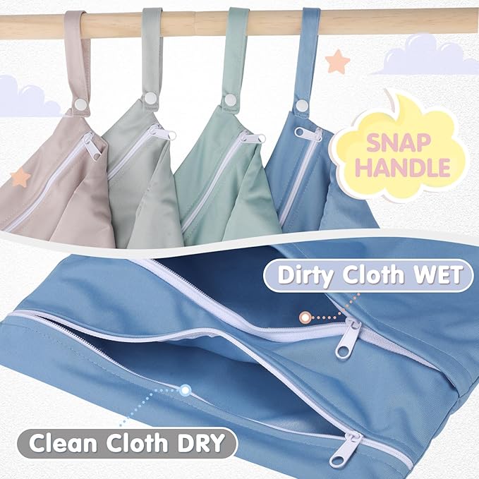 SATINIOR 4 Pack Wet Dry Bags for Baby Cloth Diapers 12x14 Washable Travel Swimsuit Wet Bags Reusable with Two Zippered Pockets for Yoga Gym Swimsuits Travel Beach Pool Soiled Items(Fresh Color)