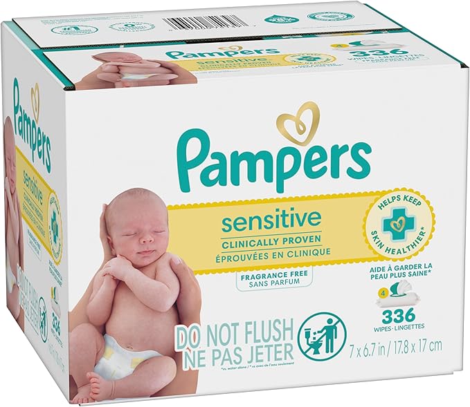 Pampers Sensitive Baby Wipes, Water Based, Clinically Proven, Hypoallergenic, and Unscented for Babies, 504 Wipes Total (6 Flip-Top Packs) [Packaging May Vary]