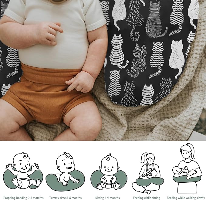 Stylish Cat Shapes Baby Nursing Pillow Covers for Boy Girl Black and White Cat Nursing Pillow Slipcovers for Breastfeeding Pillows Cats Lovers Gift Soft Stretchy Removable Covers for Newborn Infant