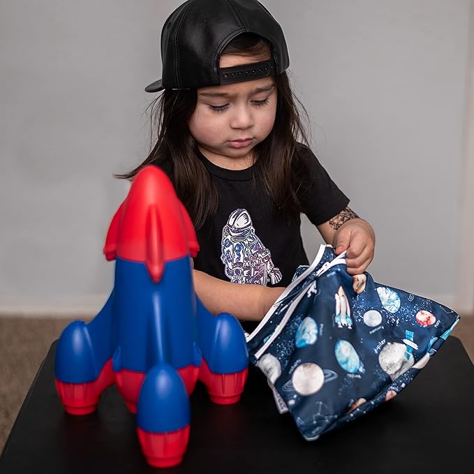 BapronBaby Outer Space Wet Dry Bag - Waterproof Two Zipper Pockets - Reusable for Mealtime, Diapers, Stroller, Snacks, Swimsuits - Machine Washable - 11" x 9"
