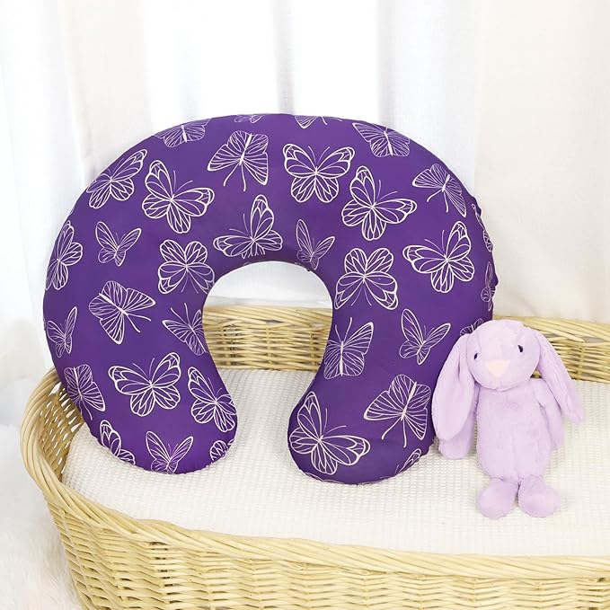 Nursing Pillow Cover, Breastfeeding Pillow Cover for Baby Girls Boys, Soft Stretchy Nursing Pillowcase for Infant Newborn, Removable Slipcover for Nursing Pillows, Purple Butterfly(Only Cover)