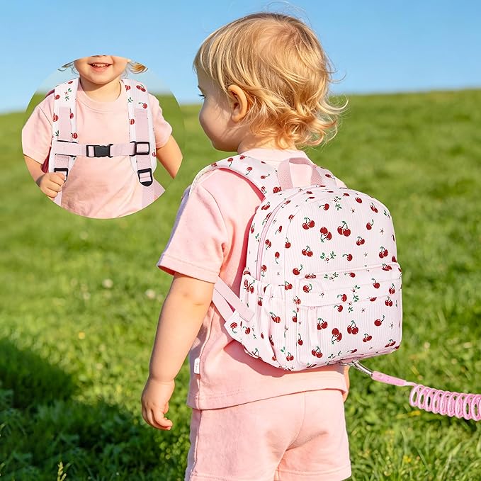 Corduroy Toddler Backpack with Detachable Leash and Anti-Lost Wrist Link, Safety Harness Walking Backpack for Toddler Boys Girls 1-3, Cute Cherry Travel Backpack with Leash for Kids
