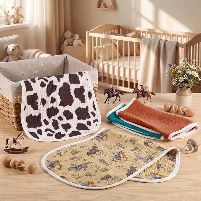 Hahafelt 4 Pcs Western Cowboy Baby Burp Cloths 100% Cotton Absorbent & Soft Burping Cloth Newborn Towel 2-in-1 Large Size Baby Spit up Burping Rags Set for Boys and Girls Infant Newborn