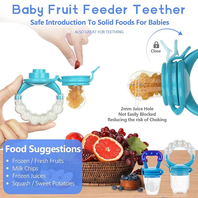 Baby Fruit Feeder Pacifier - 12 Pack | 2 Infant Food Feeder Pacifier & 1 Babies Food Dispensing Spoon | Fruit Teethers for Babies | Silicone Teether Feeder Baby,Infant Teething Feeders (Blue)