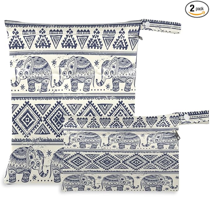 visesunny Elephant Exotic 2Pcs Wet Bag with Zippered Pockets Washable Reusable Roomy Diaper Bag for Travel,Beach,Pool,Daycare,Stroller,Diapers,Dirty Gym Clothes, Wet Swimsuits, Toiletries