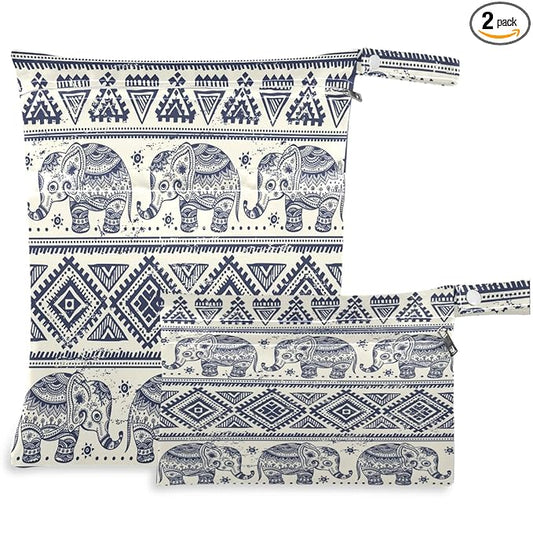 visesunny Elephant Exotic 2Pcs Wet Bag with Zippered Pockets Washable Reusable Roomy Diaper Bag for Travel,Beach,Pool,Daycare,Stroller,Diapers,Dirty Gym Clothes, Wet Swimsuits, Toiletries