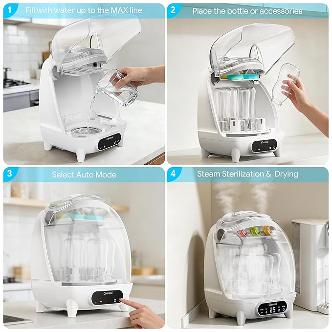 Bottle Sterilizer and Dryer, 4 in 1 Compact Steam Baby Bottle Sterilizer for Baby Bottles, Pacifiers, and Pump Parts & Newborn, Large Capacity 7 Bottles, Time-Saving Design