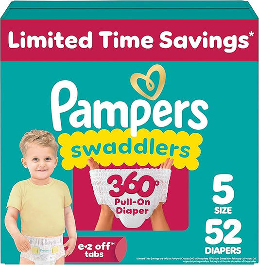 Pampers Diapers - Swaddlers 360° - Size 5, 52 Count, up to 100% Leakproof Comfy Dry Fit, Designed for Easy Changes, Pull On Baby Diaper (Packaging May Vary)