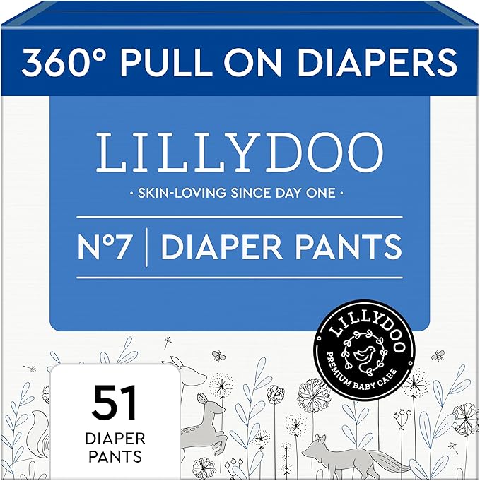 LILLYDOO Diaper Pants Toddlers - Size 7 (33+ lbs), Half-Monthly Supply (51 Count), Skin-Friendly, Ultrasoft, Chlorine-Free, Snug Fit & Absorbent Pull On Diapers