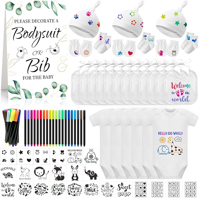 78PCS Baby Bib Bodysuit Baby Shower Set Baby Shower Game Sign Baby Feede Bib Newborn Bodysuit Fabric Marker
