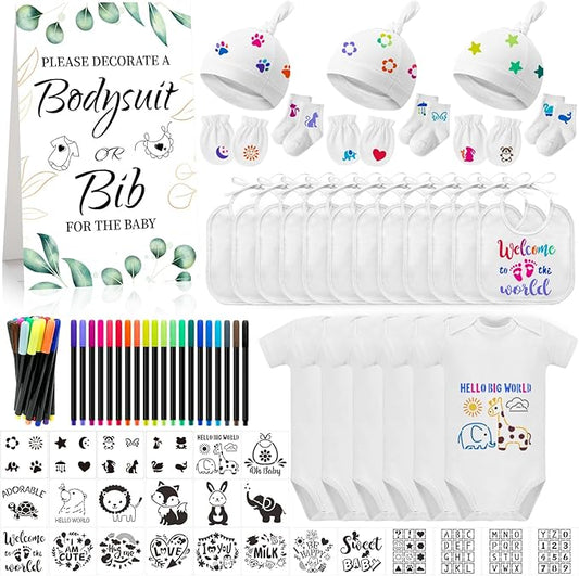 78PCS Baby Bib Bodysuit Baby Shower Set Baby Shower Game Sign Baby Feede Bib Newborn Bodysuit Fabric Marker