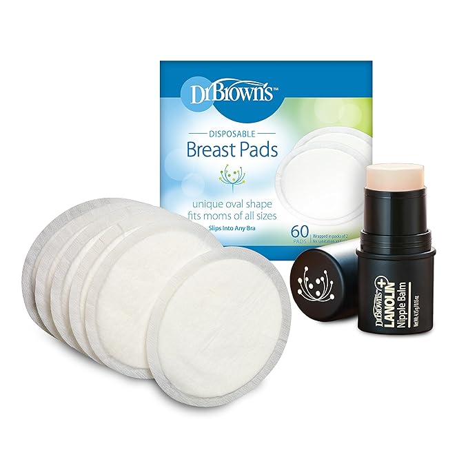 Dr. Brown’s Lanolin + Nipple Balm with Disposable One-Use Absorbent Breast Pads for Breastfeeding and Leaking - 60pk