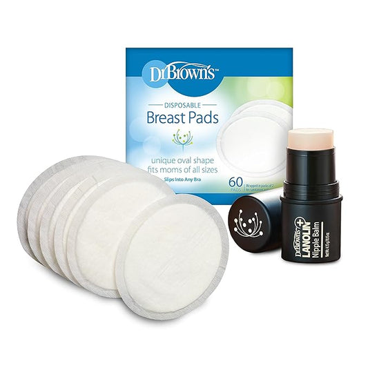 Dr. Brown’s Lanolin + Nipple Balm with Disposable One-Use Absorbent Breast Pads for Breastfeeding and Leaking - 60pk