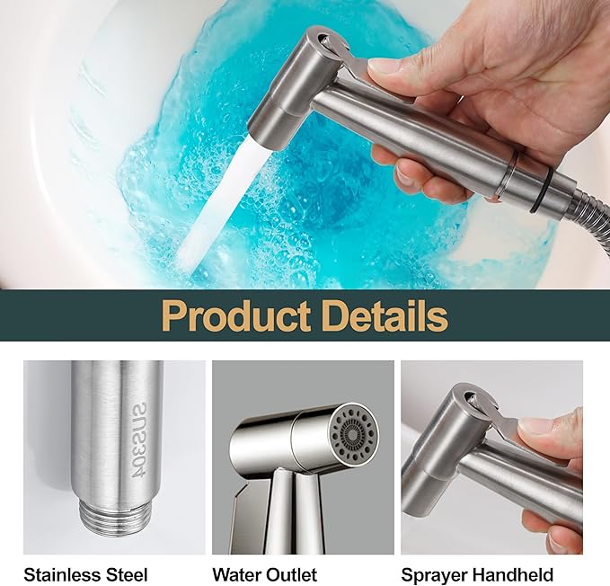 Brushed Nickel Bidet Sprayer Head, Stainless Steel Handheld Shattaf Jet Spray Attachment for Toilet, Baby Cloth Diaper Sprayer with Adjustable Water Pressure Control, 1 Pack