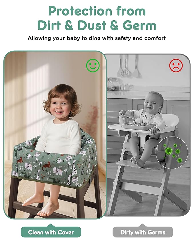 Baby High Chair Cover Restaurant with Strap Pads & 3-Point Harness, Machine Washable, Waterproof Portable Highchair Covers for Eating, Travel, Home Use - Fits Wooden Chairs, Green Dinosaurs