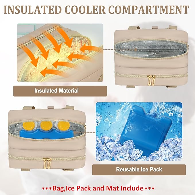 Breastmilk Cooler Travel Bag, Wearable Breast Pump Storage Bag Compatible with Momcozy/Eufy/Elvie/Willow/Medela Breast Pump with Ice Pack and Waterproof Mat,Khaki