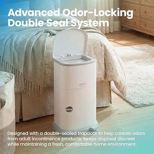 Janibell Akord 330 Adult Diaper Pail System – Holds Up to 35 Adult Diapers per Load, 560 Diapers per Refill Roll, 11-Gallon Hands-Free Step-On Trash Can, Odor-Locking Double Seal, White Resin
