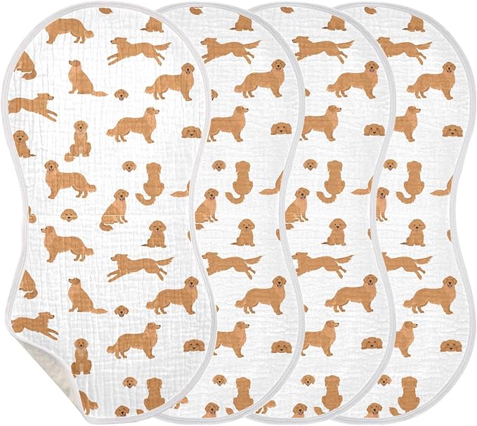 Muslin Burp Cloths for Baby Boys and Girls - 4-Pack Ultra Absorbent Golden Retriever Dogs Muslin Washcloths, Newborn Towel, Milk Spit Up Rags, Burp Cloth Bib for Unisex, 22 x 11 Inch