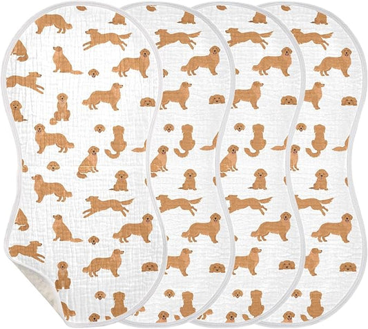 Muslin Burp Cloths for Baby Boys and Girls - 4-Pack Ultra Absorbent Golden Retriever Dogs Muslin Washcloths, Newborn Towel, Milk Spit Up Rags, Burp Cloth Bib for Unisex, 22 x 11 Inch
