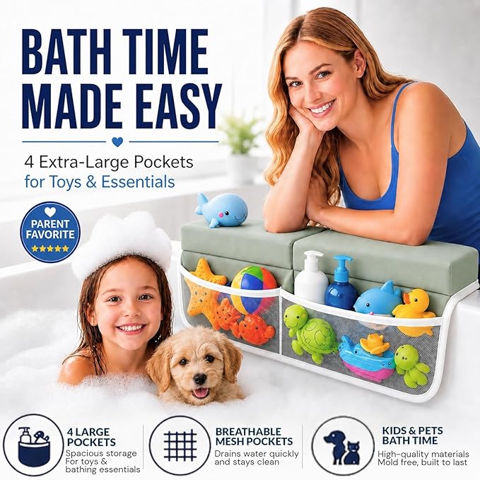Comfortable Baby Bath Kneeler and Elbow Rest Pad Set, Non-Slip Bathtub Kneeling Pad for Bathing Baby, Bath Tub Cushion Mat, Elbow Pads, Toy Organizer Storage Pockets, Strong Suction Cups (Green Gray)