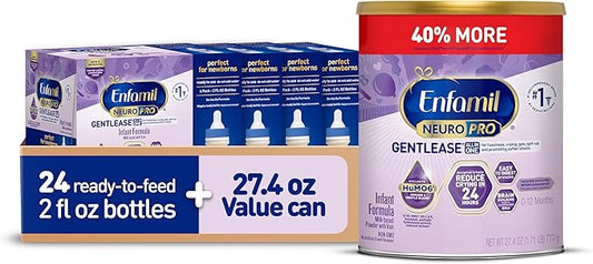 Enfamil NeuroPro Gentlease Baby Formula, Brain Building DHA, HuMO6 Immune Blend, Reduce Fussiness, Crying, Gas & Spit-up in 24 Hrs,27.4 Oz Can + Ready-to-Feed Infant Formula,Liquid, 2 Fl Oz (24 Count)