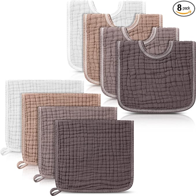 Tallew 8 Pack Muslin Burp Cloths and Baby Bibs for Boy Girl 20" x 10" Cotton Baby Bandana Drool Bibs Muslin Burp Cloths Absorbent Rag for Newborn Toddler Infant Gifts(Dark Color)
