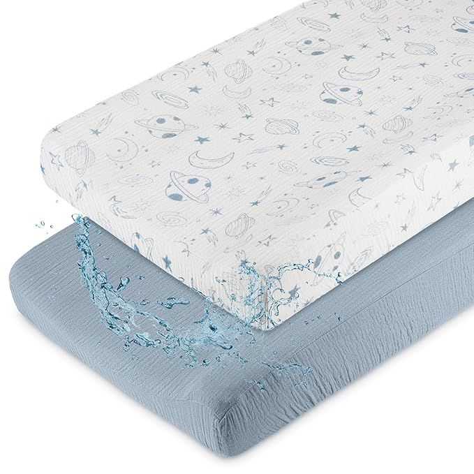 Basumee Muslin Changing Pad Cover Waterproof 2 Pack Baby Changing Table Covers for Boys and Girls Soft Breathable Nursery Diaper Change Table Cover Pad Fits 32"x16", Blue Planet