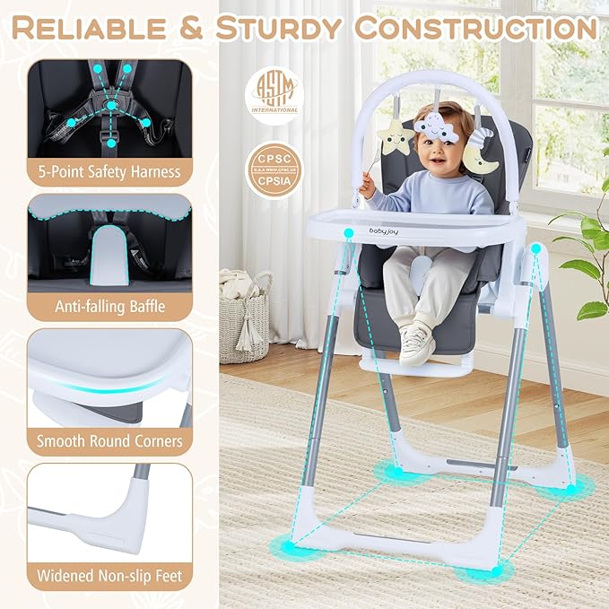 BABY JOY Foldable High Chair, Portable Highchairs for Babies and Toddlers with 7 Heights, 5 Recline Positions, Adjustable Foot Rest, Double Removable Tray & Built-in Wheels (Dark Gray)