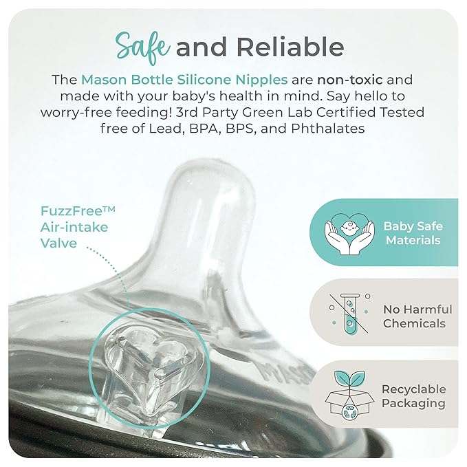 Complete Baby Glass Bottle & Breastmilk Storage Kit | 8oz Mason Jars w/Lid + Slow & Medium Flow Nipples (0-6 Months) + Plastic Mason Jar Rings & Caps + Silicone Sleeves