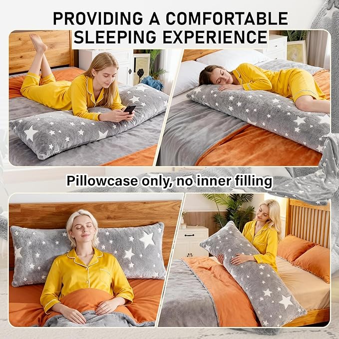 2PCS Glow in The Dark Body Pillow Cover 21x54 Inches Soft Plush Pillowcase Set with Star Pattern Grey Long Pillow Cover with Side Zipper