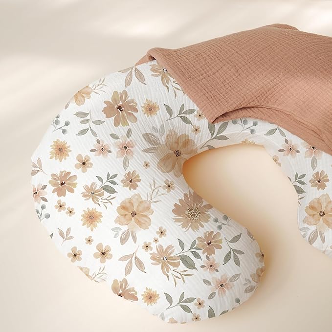 Konssy 2-Pack Muslin Nursing Pillow Covers, Soft & Adorable Nursing Covers for Breastfeeding Pillows, Slipcovers for Newborn Boys & Girls(Toffee, Flourish)