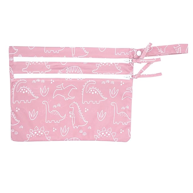 BapronBaby Dino Friends Blush Wet Dry Bag - Waterproof Two Zipper Pockets - Reusable for Mealtime, Diapers, Stroller, Snacks, Swimsuits - Machine Washable - 11" x 9"