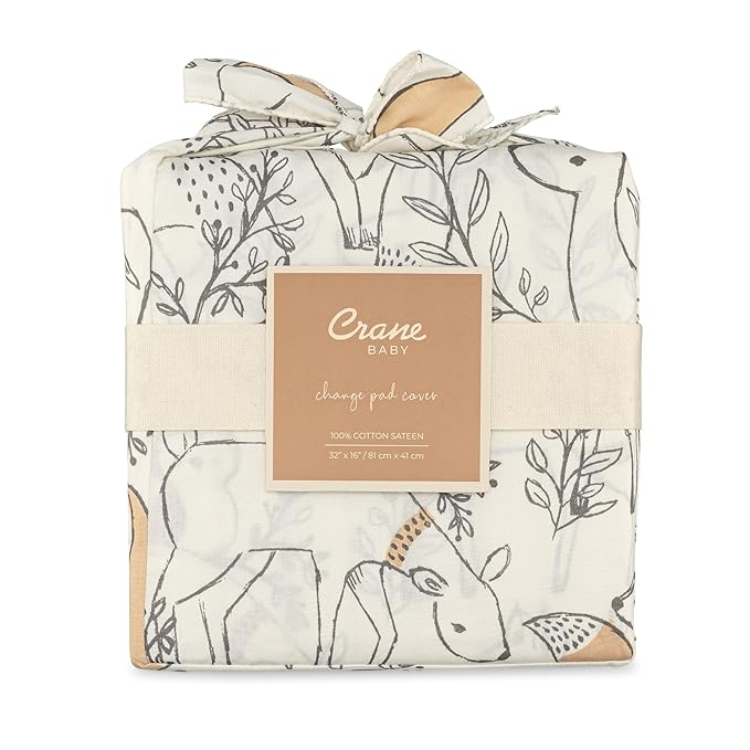 Crane Baby Woodland Quilted Changing Pad Cover, Animal Fox Print, Cotton Sateen, Secure Elastic Fit, Neutral Woodland Animal Nursery Decor for Boys and Girls, Diaper Changing Pad Cover