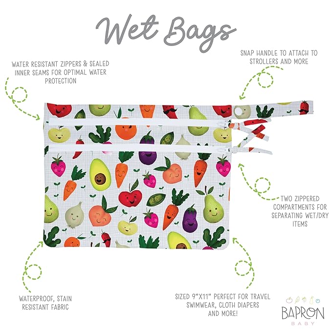 BapronBaby Market Fresh Produce Wet Dry Bag - Waterproof Two Zipper Pockets - Reusable for Mealtime, Diapers, Stroller, Snacks, Swimsuits - Machine Washable - 11" x 9"
