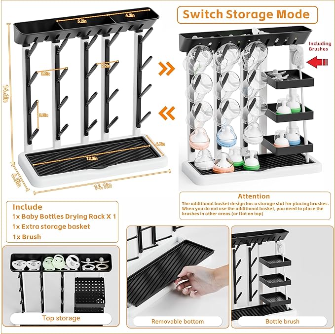 Yieach Larger Baby Bottles Drying Rack for 20 Bottles,Space Saving Feeding Drying Rack for Baby Bottles for Countertop,Vertical Baby Bottle Holder & Storage Station for Pacifiers,Breast Pump,Black